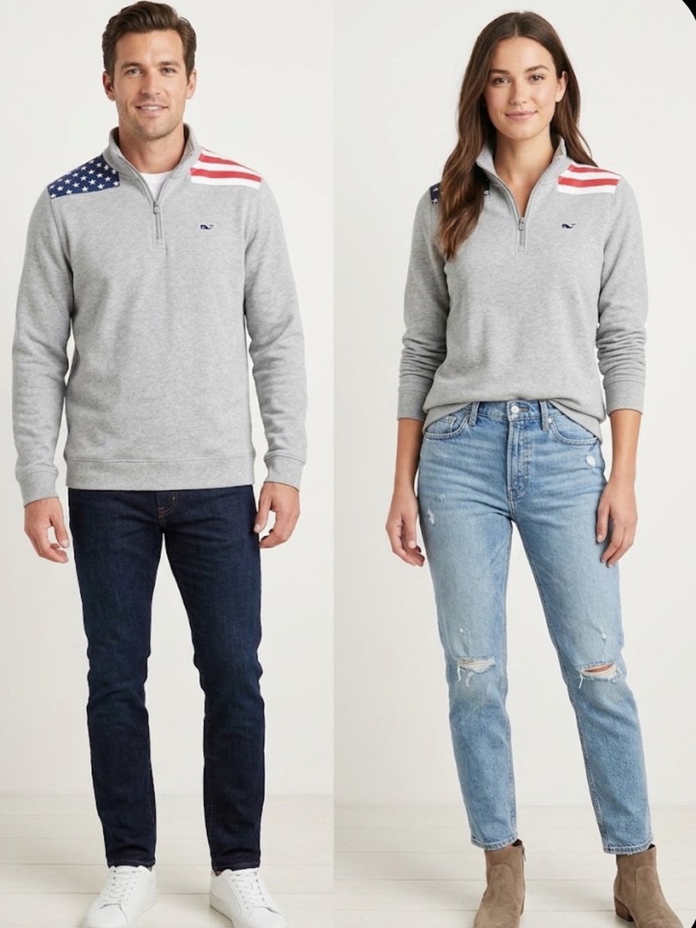 Vineyard Vines Gray Quarter-Zip Pullover with American Flag Shoulder Panels